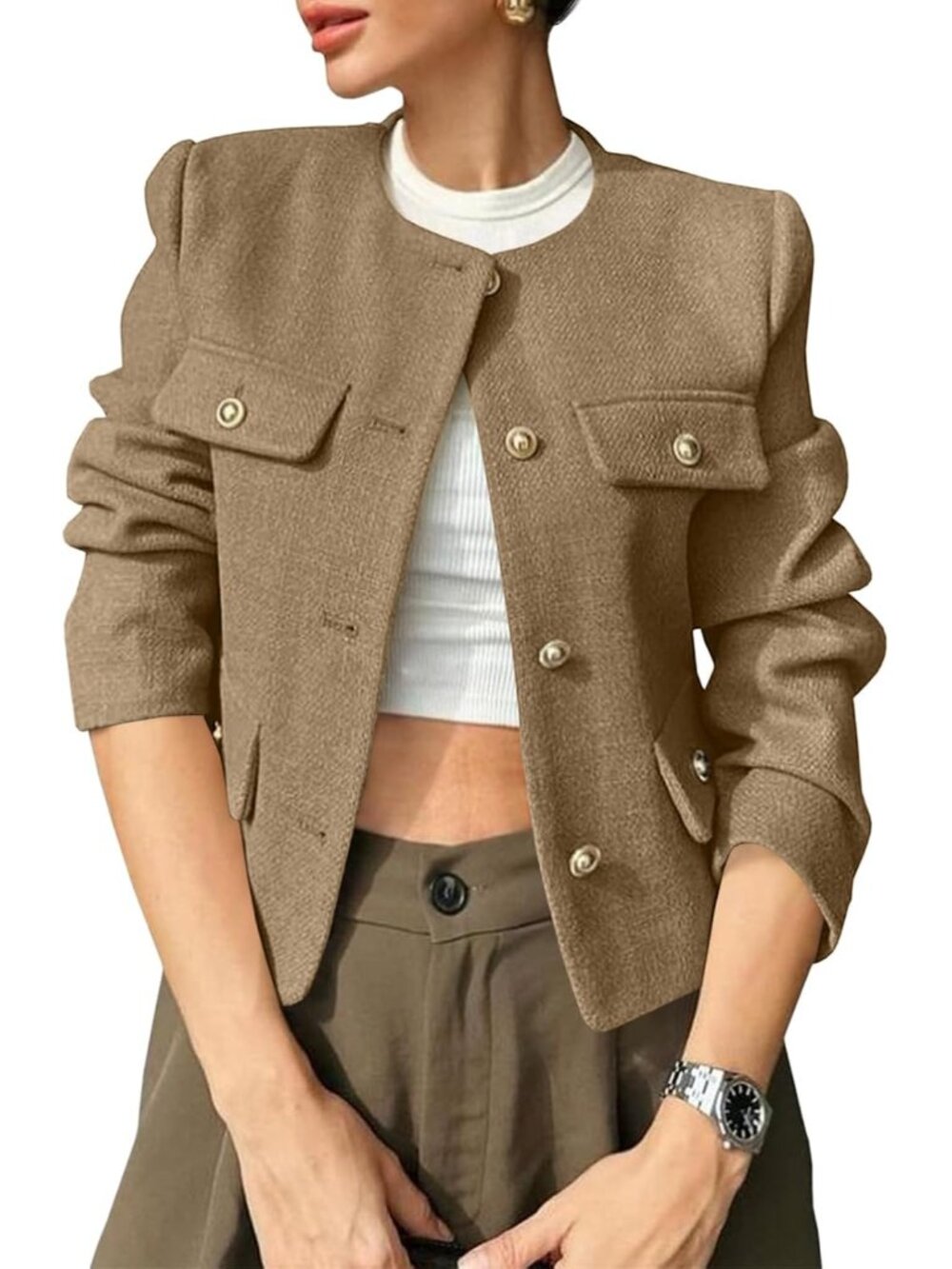 Womens Cropped Tweed Blazers Jacket Collarless Button Down Coats